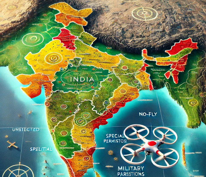 An Indian airspace map for drone shows zones like No-Fly, Special Permits, and permitted. The zones are marked in red, yellow and green