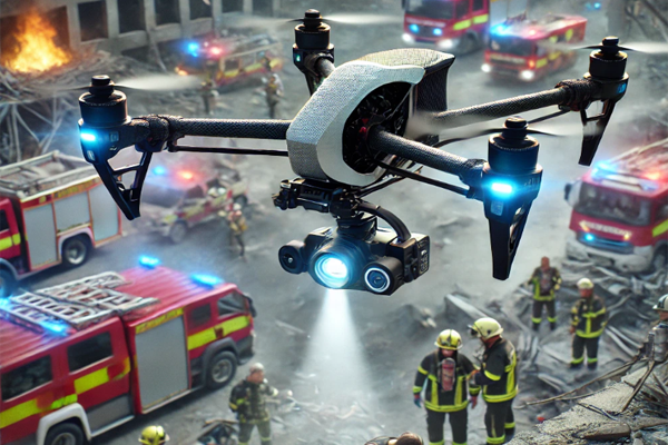 A drone with lights hovers over an emergency scene, showcasing the vital role of drones in public safety. Below, firefighters and rescue workers in protective gear gather amidst debris and damaged buildings, with fire trucks on standby.